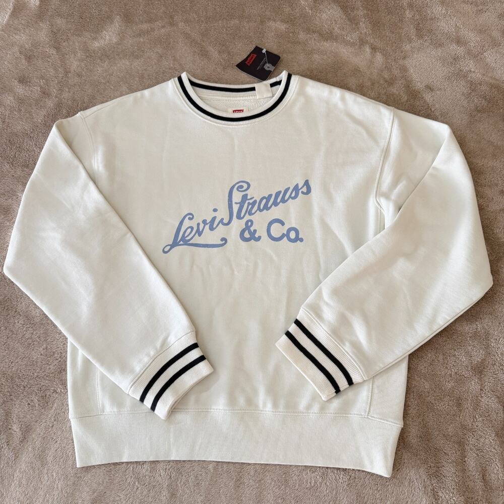 Levi Strauss & Co. Cream Crewneck Sweatshirt Varsity Trim Egret White Blue Sport